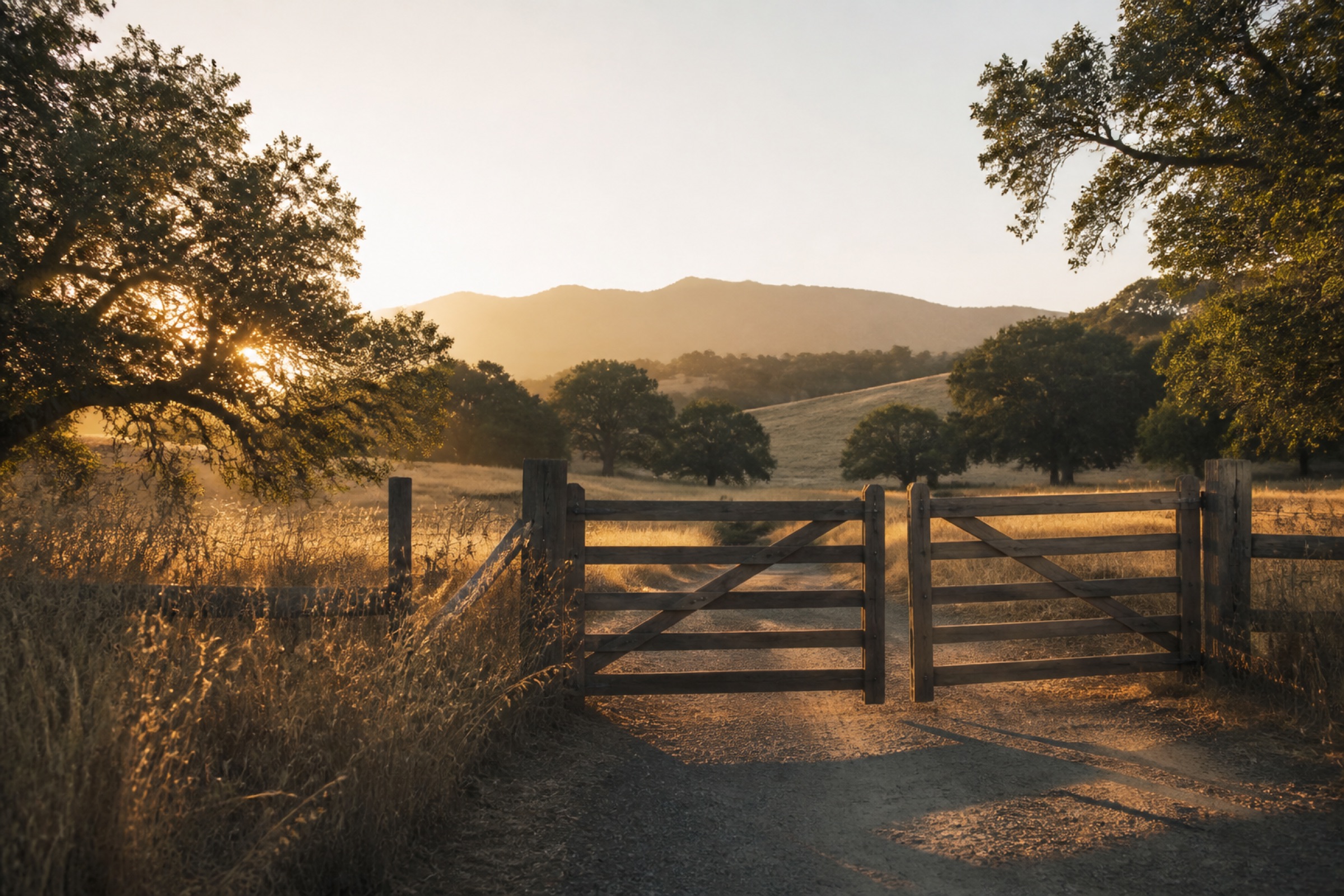 A rural gate and property landscape at sunset